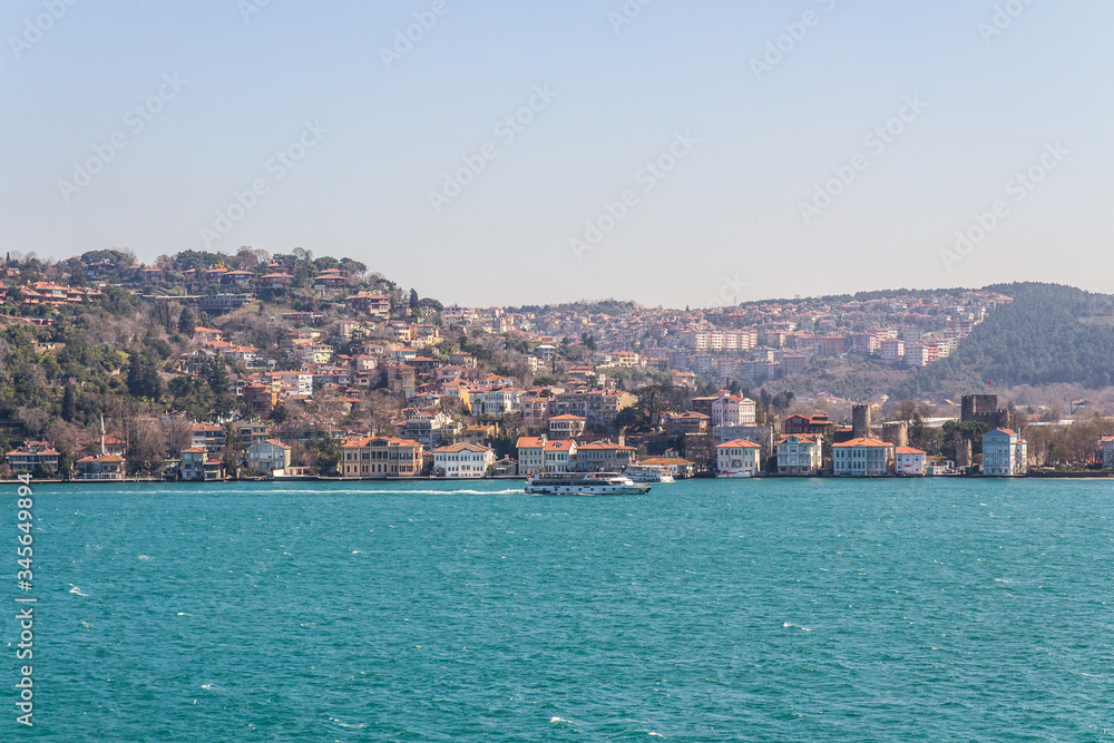 View of the Bosphorus from the wall of  the historic Rumelihisari or Rumelian Castle in Istanbul. Turkey