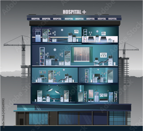 A hospital where doctors' offices are visible. Evening landscape. Vector graphics.