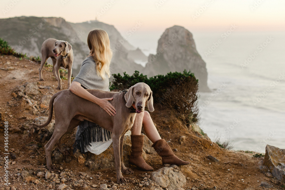 Blond Woman sitting on a sea cliff in Portugal, looking out to the horizon, with her Weimaraner dog .