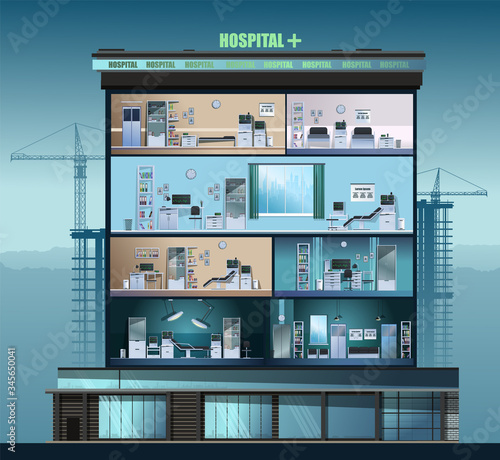 A hospital where doctors' offices are visible. Evening landscape. Vector graphics.