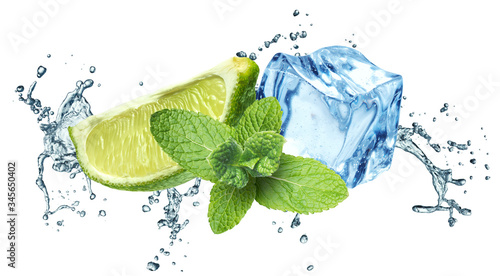 Ice cubes, mint leaves, water splash and lime on a white © lotus_studio