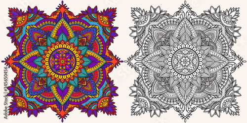 Coloring page. Antistress coloring book for adults. Mandala. Outline drawing and coloring example