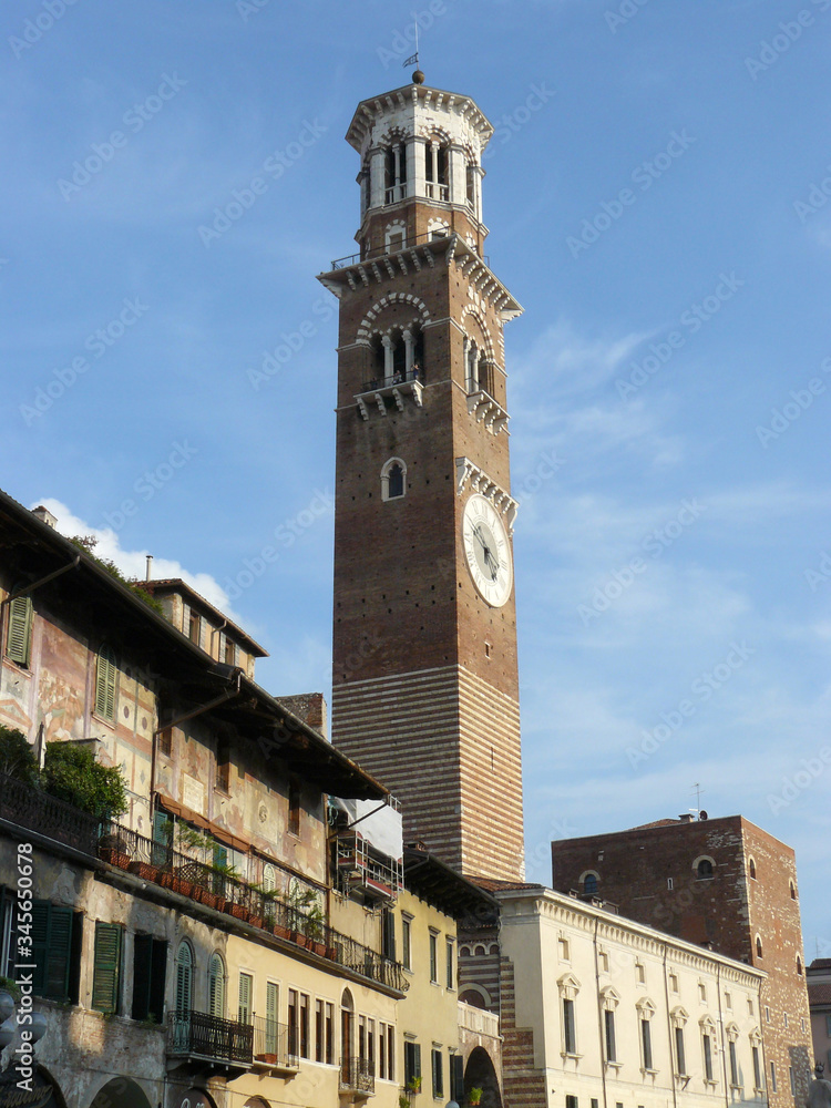 Verona (Italy). Torre dei Lamberti in the Piazza Delle Erbe in the city of Verona