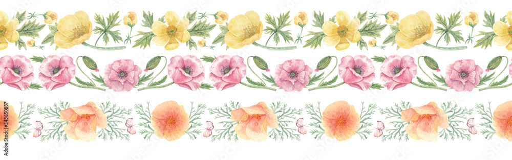custom made wallpaper toronto digitalSet of hand-drawn watercolor horizontal borders with wildflowers. Ribbon with poppy, California poppy, buttercups, leaves and butterflies. Botanical illustrations for design, invitations, decorations.