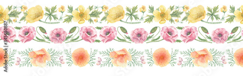 Set of hand-drawn watercolor horizontal borders with wildflowers. Ribbon with poppy  California poppy  buttercups  leaves and butterflies. Botanical illustrations for design  invitations  decorations.