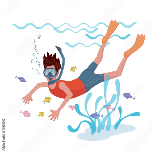 Cheerful man in mask is swimming under water using a snorkel. Vector isolated illustration with texture in cartoon style.