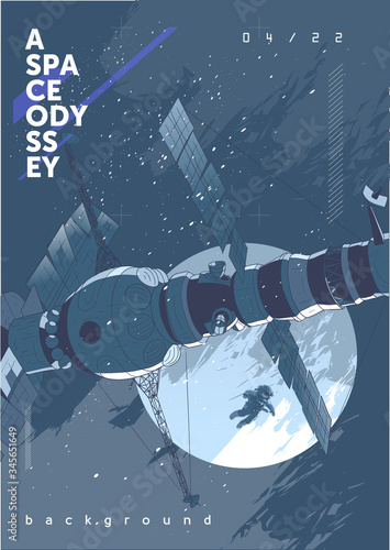 Vector illustration of space and planets. Space station and astronaut. Background image for the poster.