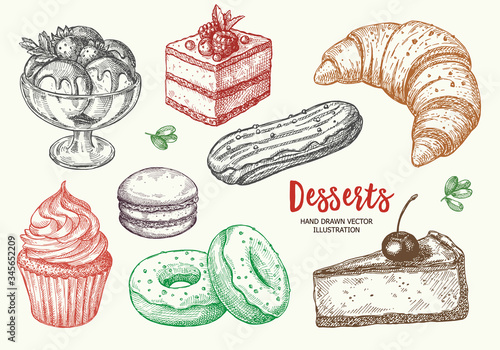 Vector hand drawn set confectionery and sweets icons. Sketch illustration.