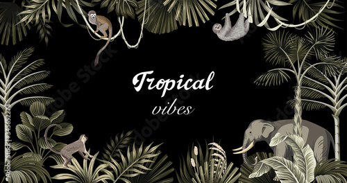Tropical botanical landscape, monkey, sloth, elephant animals, palm leaves, palm trees floral frame black background. Exotic jungle night illustration. 