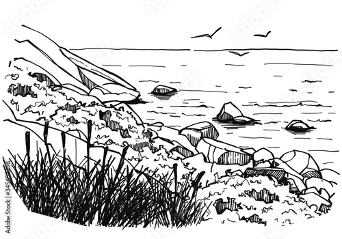 Illustration sketch landscape sea view, hand drawn outline eps10.