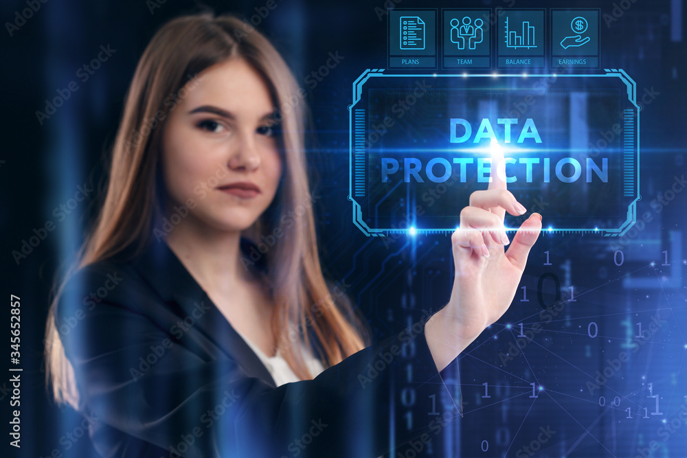 Business, Technology, Internet and network concept. Young businessman working on a virtual screen of the future and sees the inscription: Data protection Business, Technology, Internet and network concept. Young businessman working on a virtual screen of the future and sees the inscription: Data protection