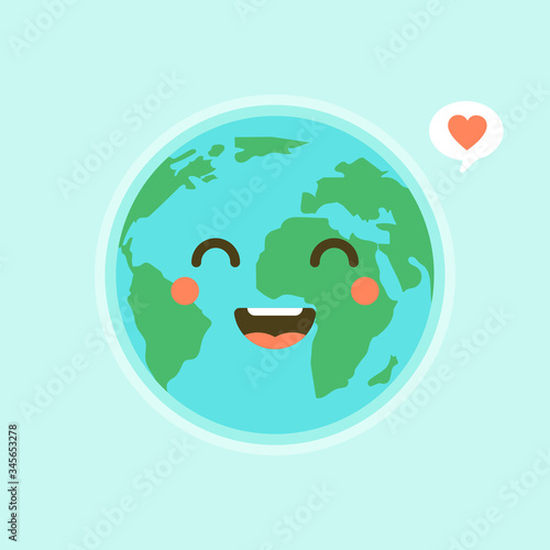 Cartoon globe Earth face with emotion web icons green global smile happy nature character expression and ecology earth emoji planet world blue map vector illustration.