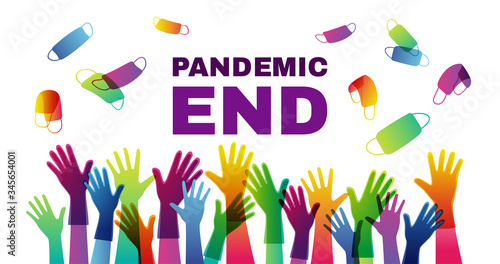 Quarantine is over. pandevic end. end the lockdown. coronavirus is finish. Hands up. multi-national group of people cheers with their hands raised in protective gloves throw up protective masks.