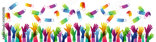 Quarantine is over. pandevic end. end the lockdown. coronavirus is finish. Hands up. multi-national group of people cheers with their hands raised in protective gloves throw up protective masks.