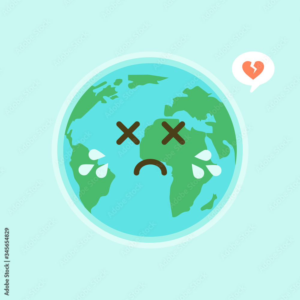 Fototapeta premium Crying earth because of human devotion. Save the earth, earth cry sad of war and fire cartoon. Conserve the earth. environmental pollution