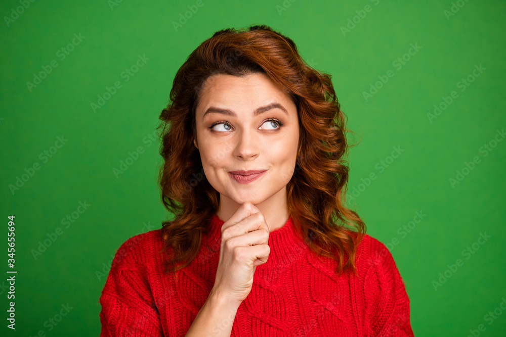 Portrait of interested curious woman look good touch chin fingers think thoughts about winter fall weekend free time wear knitted pullover isolated over vivid color background Portrait of interested curious woman look good touch chin fingers think thoughts about winter fall weekend free time wear knitted pullover isolated over vivid color background