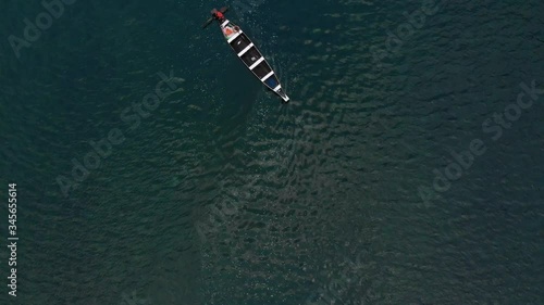 4k Aerial Top Down Shot of a Fisherman paddling with his boat across the crystal clear waters of Shnongpedang, Dawki River