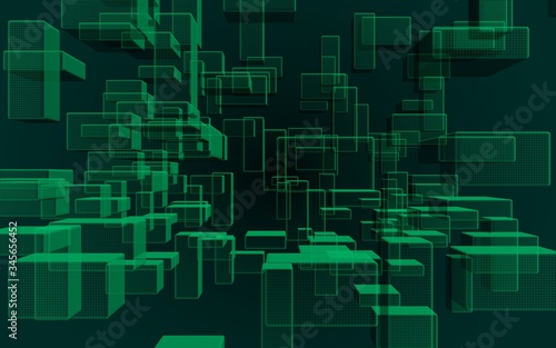 Green and dark abstract digital and technology background. The pattern with repeating rectangles. 3D illustration