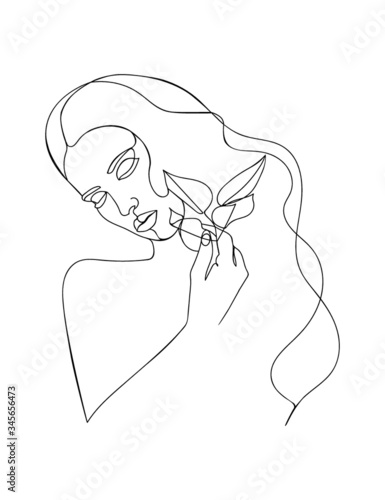 Line drawing woman with flowers. Portrait minimalistic style. - Vector illustration