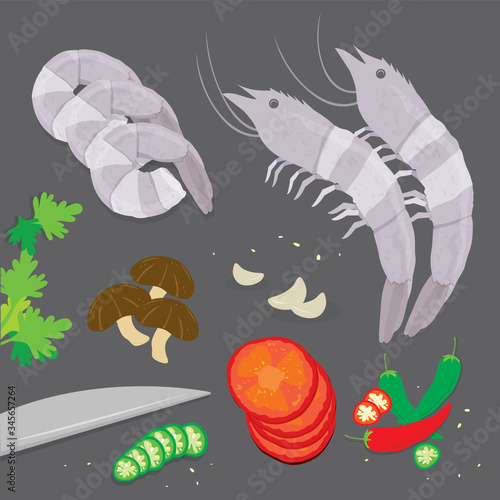 Set of Ingredient Tom Yum kung Soup Traditional Thai Food. Cartoon Vector illustration