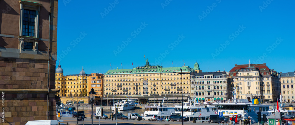 Ostermalm (central district). Stockholm capital of Sweden. Lakeside panorama. View with boats.
