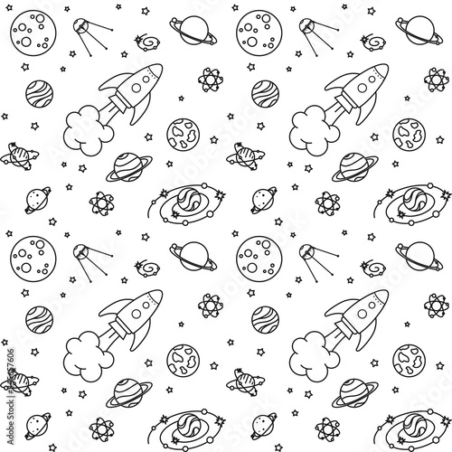 Rocket, satellite and moon among different planets, galaxies and stars on a white. Vector seamless pattern for kids wallpaper, wrapping paper, packaging, printing on clothes fabric and textile	
