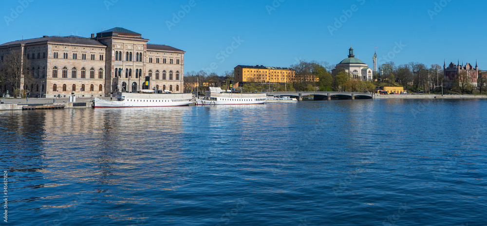 Skeppsholmen (central district). Stockholm capital of Sweden. Lakeside panorama. Travel photo.