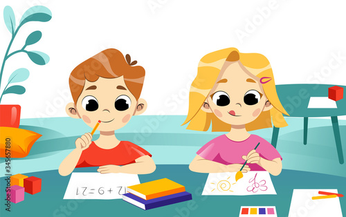 Concept Of Children Self Education And Development. Boy Solve Equation, Girl Paint A Picture Sitting At The Table At Home Or Children Creative Center. Cartoon Linear Outline Flat Vector Illustration