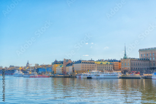 View of the old town (gamla stan). Stockholm capital of Sweden. Lakeside panorama. Travel photo.