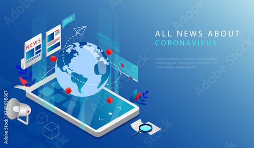 Isometric 3D Concept Of Latest Breaking News. Website Landing Page. Truthful Coronavirus And Quarantine News And Updates in the World. News Update, Online News. Web Page Cartoon Vector Illustration
