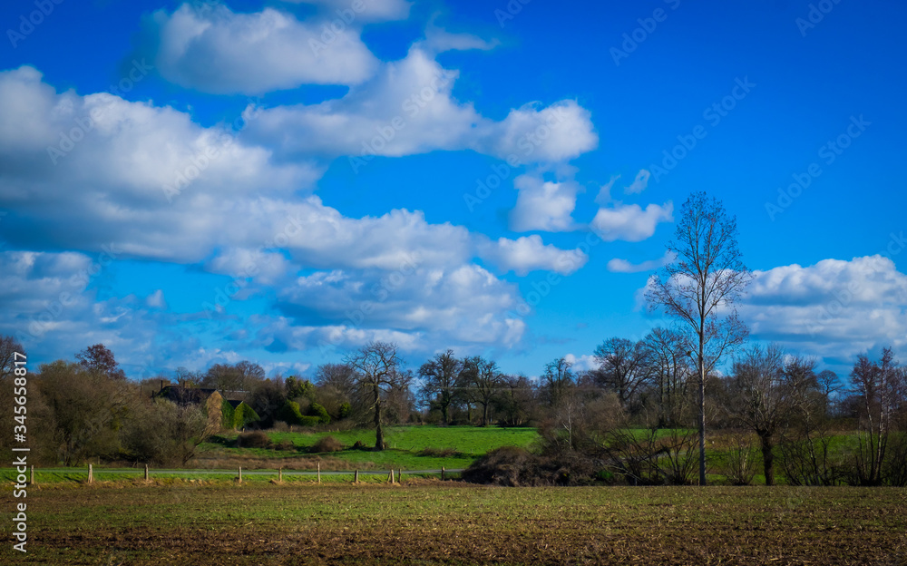 Field in Couesmes-Vauce in the Mayenne countryside on a winter day, France