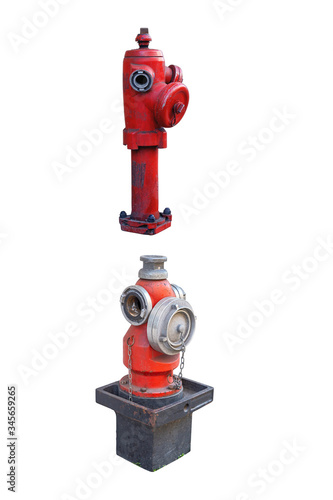 Two old street fire hydrants to extinguish a fire isolated on white background