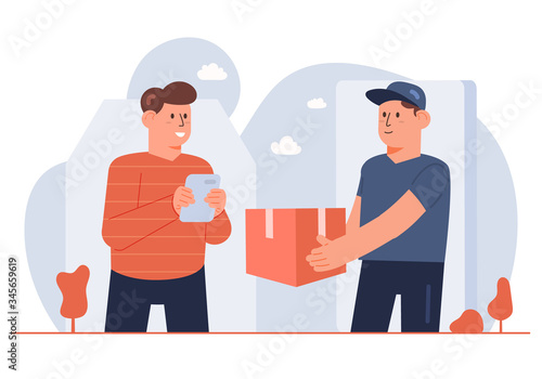 Delivery Guy Smartphone Concept  with Happy Customer Flat Style Vector Illustration Design