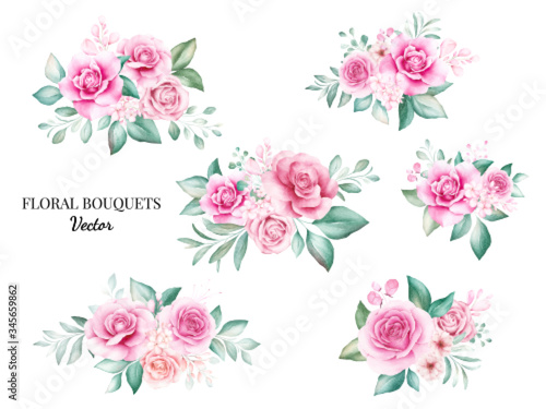 Set of watercolor bouquets for logo or wedding card composition. Botanic decoration illustration of peach and red roses, leaves, branches, and gold glitter