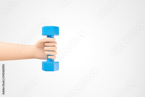 Cartoon hand holding small blue dumbbell over white background with copy space.