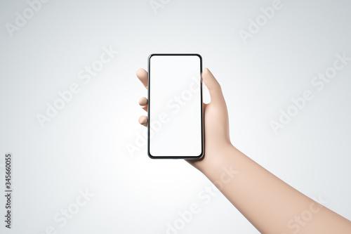 Cartoon hand holding smartphone with blank white screen over white background.