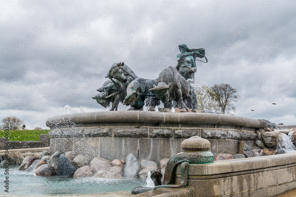 Gefion Fountain (Gefionspringvandet 1899) in Copenhagen. Gefion Fountain depicting legendary Norse goddess driving four oxen. Designed by Danish artist Anders Bundgaard. Denmark