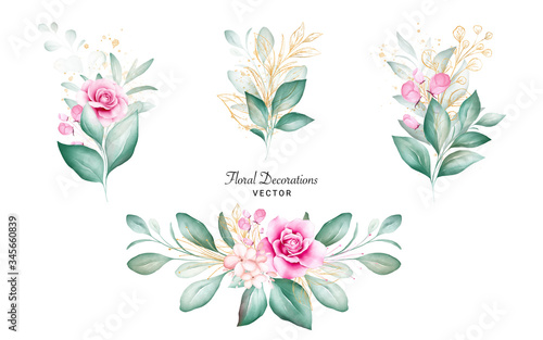 Set of watercolor bouquets for logo or wedding card composition. Botanic decoration illustration of peach and red roses, leaves, branches, and gold glitter