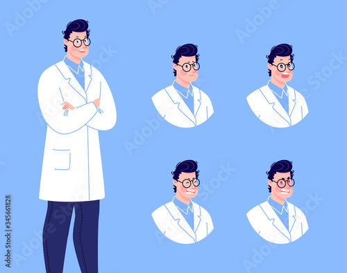 Doctor in various emotions. Character design set. Vector illustration in a flat cartoon style.
