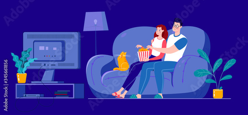 A married couple is watching a movie on a big screen, sitting on a sofa at home in a dark room. The family watches TV. Vector. Flat style mule illustration.