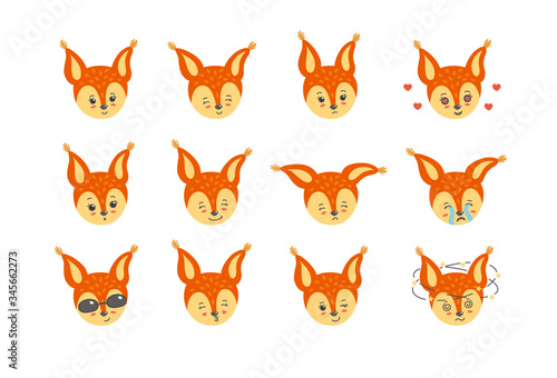 Colorful set of emotions. Cute, happy, sad, amused, crying and other squirrel expressions. Vector illustration in flat style
