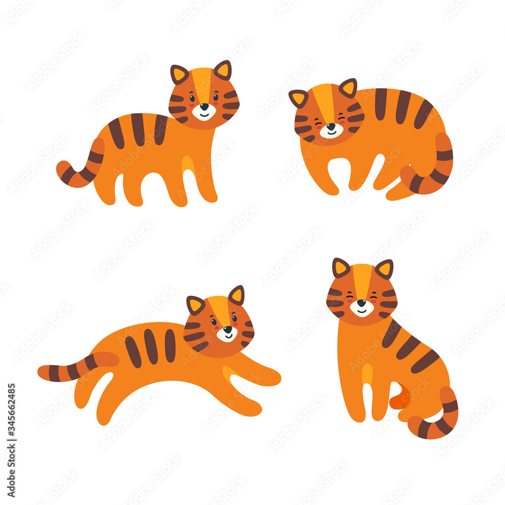 Set of four tigers in flat style. The tiger stands, runs, sits and sleeps for various prints and designs. Vector illustration