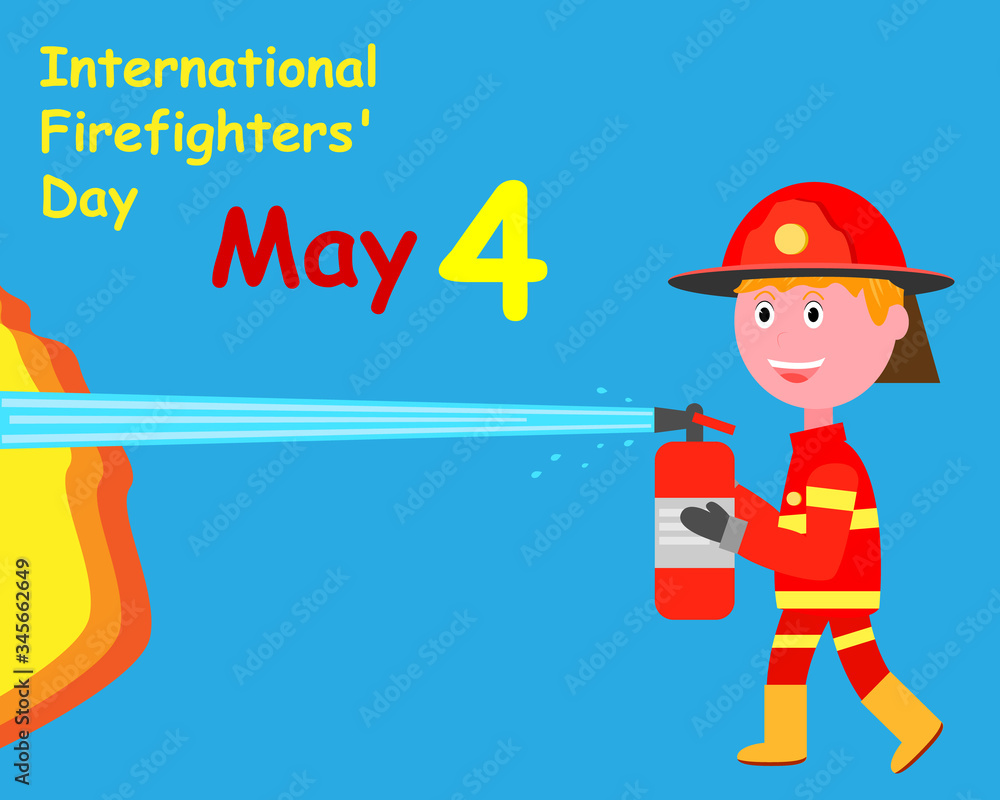 International Firefighters' Day 4 May Cartoon vector illustration with  firefighter putting out fire. Stock Vector | Adobe Stock
