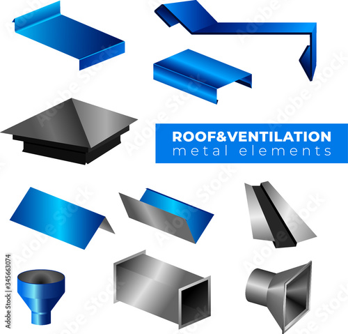 Metal roof and ventilation elements system on white background