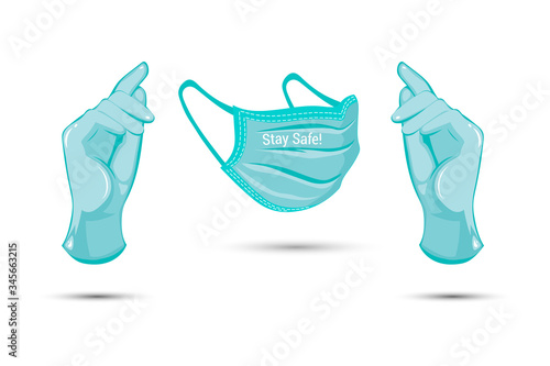 Realistic blue medical face mask and medical latex gloves. Virus protection, covid19 hygiene and stay safe concept. Disposable surgery mask and gloves. Coronavirus prevention. Vector illustration.