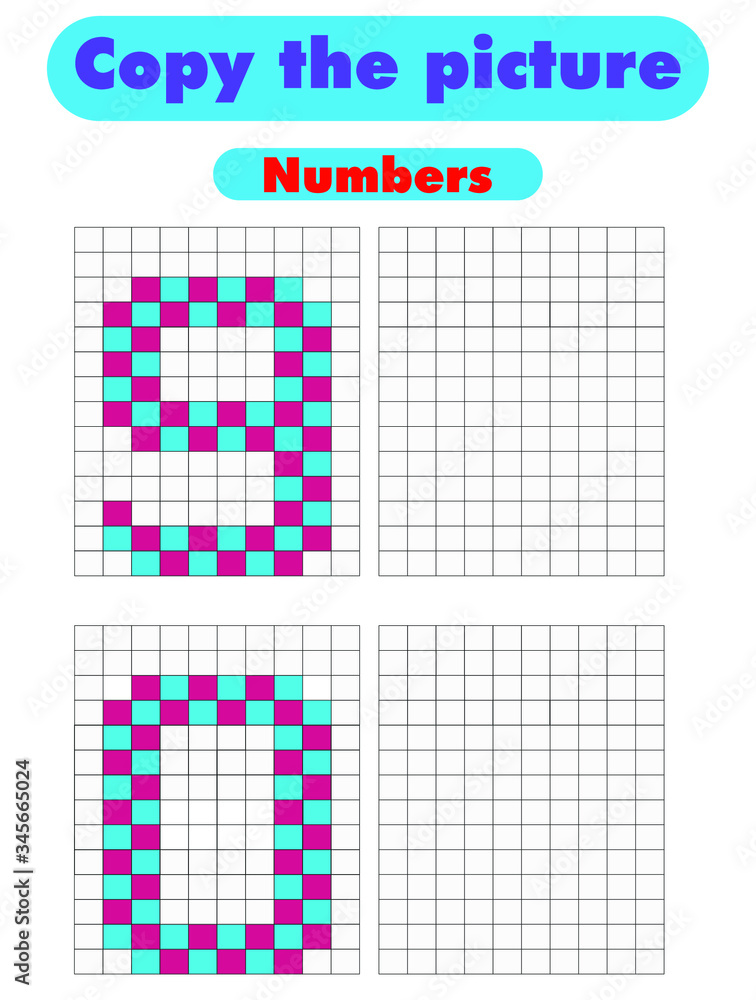 Copy the picture. Draw the numbers using the grid. Color by example. Educational game for children with learning numbers and symmetry. Worksheet for kids. Stock vector illustration. Copy the picture. Draw the numbers using the grid. Color by example. Educational game for children with learning numbers and symmetry. Worksheet for kids. Stock vector illustration.