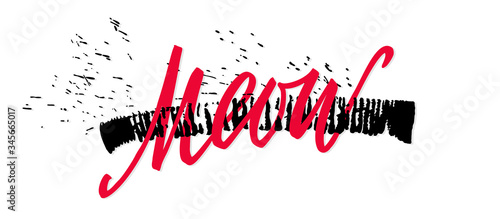 Vector red lettering Meow brush letters with expressive strike print and splashes. Sketch drawing kitten meow slogan poster. Isolated on white. Angry or nervous cat concept