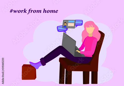 home work flat design girl laptop computer online communication remote chatting presentations freelance