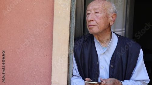 smart food delivery service  fresh food to recipient senior older alone man customer receiving order from courier at home, express delivery, food delivery, online shopping concept. Food box donation. 