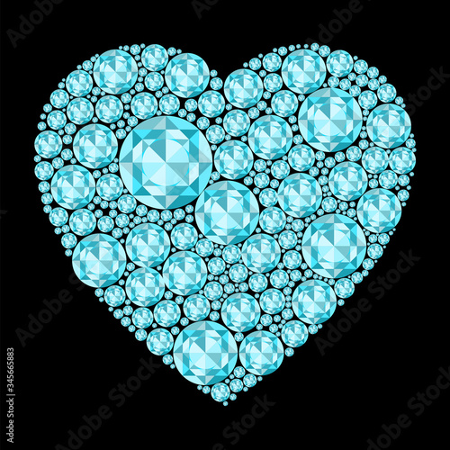 Heart of unique gemstones of blue color. A heart filled with jewels of a delicate blue color. Vector illustration. Stock Photo.
